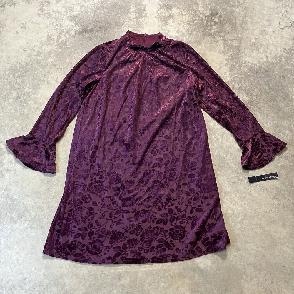Maggy London Dress Womens‎ 14P Wine Burgundy Suze Mock Neck Bell Sleeve Burnout